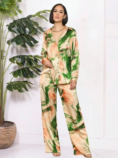 Women's Elegant Long Sleeve Lapel Single-Breasted Shirt Top With Elastic Waist Pocket Straight-Leg Pants Fashionable Casual Printed Holiday 2pcs Outfit