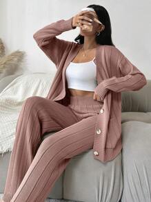 EURMUSE 2pcs Women's Solid Color Button Front Long Sleeve Sweater And Pants Casual Set - Dusty Pink - View 1