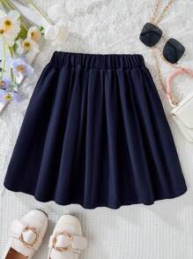 Sparklyn 青少年女孩纯色褶饰短款休闲裙，适合度假、夏季、旅行 - 藏蓝色 - 查看 2