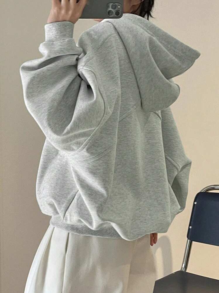 INAWLY Moletom Feminino Casual de Cor Sólida com Cordão e Capuz de Fleece, Outono e Inverno, Blusa de Manga Longa - Cinza Claro - Visão 2