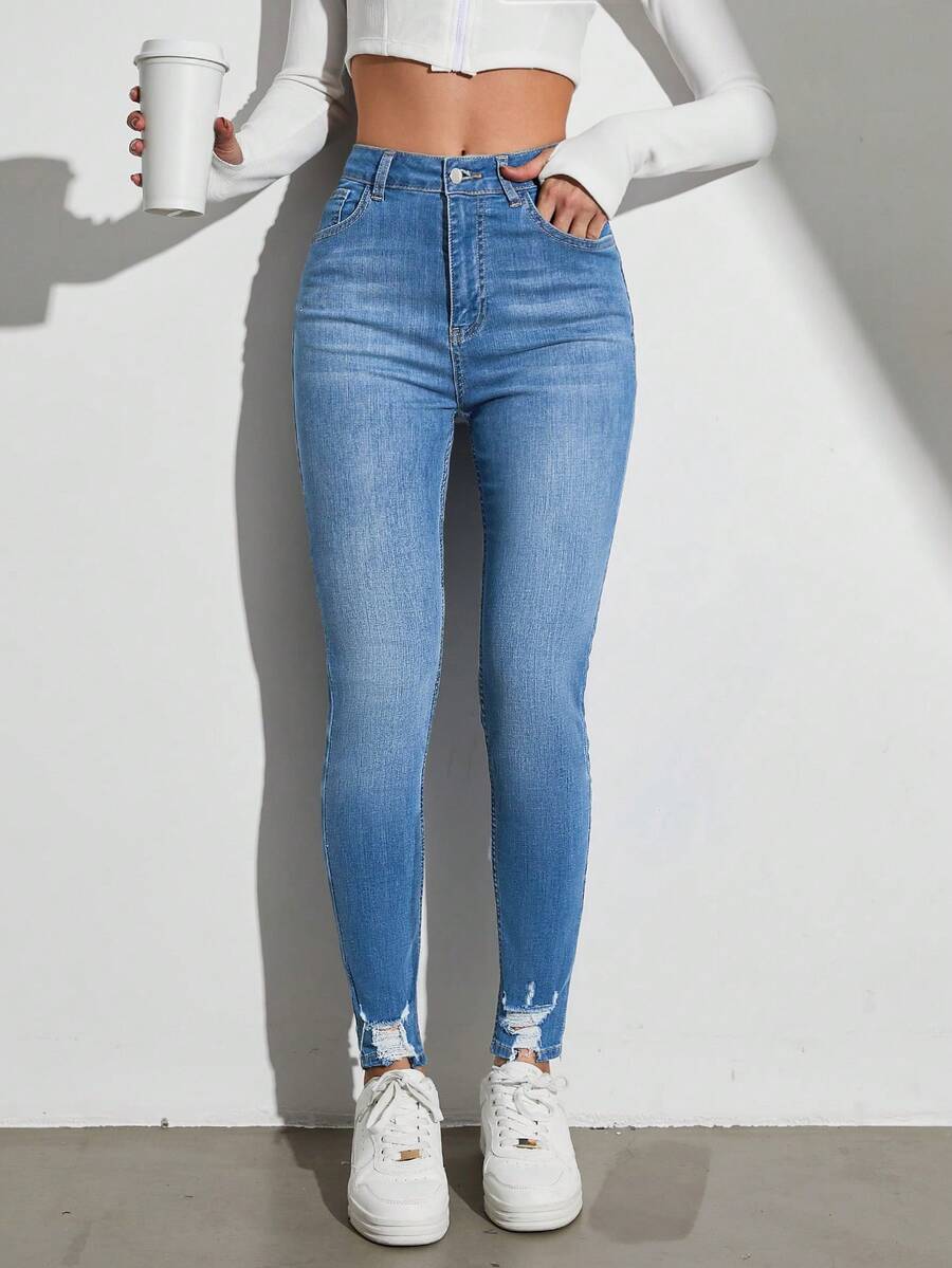EURMUSE Stone Washed High Waisted Skinny Jeans - Blue - View 1