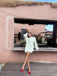 Chiquease Loose High Collar Oversized Chunky Knitted Sweater Dress Fall Cloth For Women - Beige - View 3