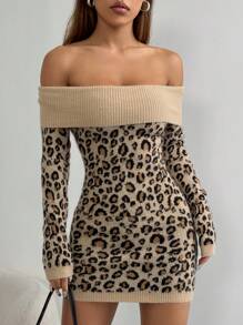 Flirla Đầm len trễ vai họa tiết da báo dài tay thiết kế thời trang gợi cảm - Nhiều màu - Xem 3