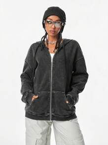 Muchica Áo khoác trùm đầu cho nữ có dây rút khóa kéo màu trơn dài tay kiểu dáng đơn giản - màu đen - Xem 7