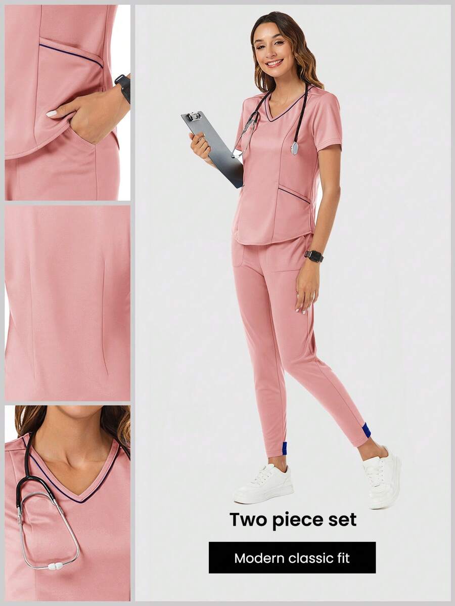 TaskEZ 2pcs Women Nurse Uniform Set, Including V-Neck Scrub Top With 2 Pockets And Elastic Waist Yoga Jogger Pants With 2 Pockets - Pink - View 1