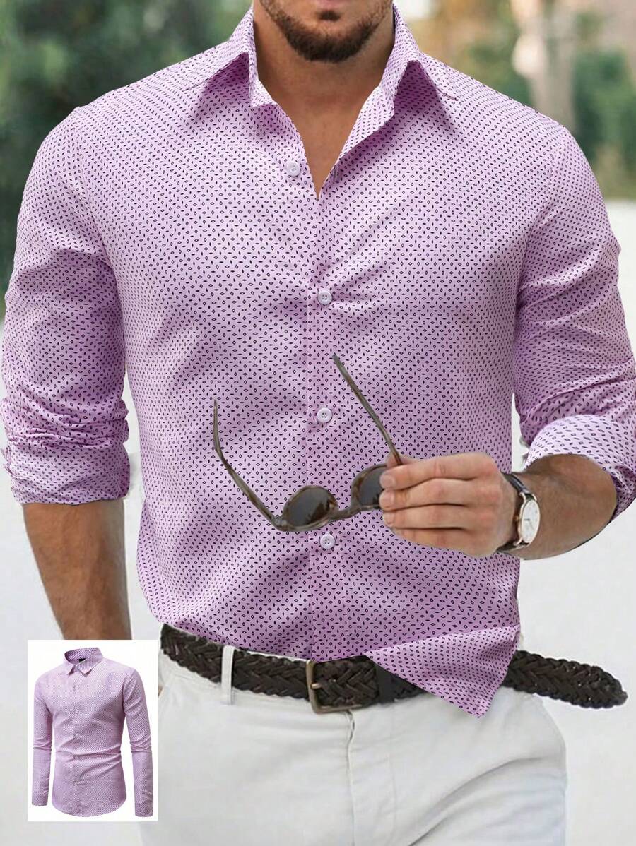 Manfinity Homme Black Geometric Printed Long Sleeve Shirt (Asymmetric Cut) - Pink - View 1