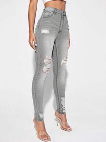 Selenza Front Button Pocketed Distressed Raw-Edge Casual Denim Pants - Light Grey - View 5