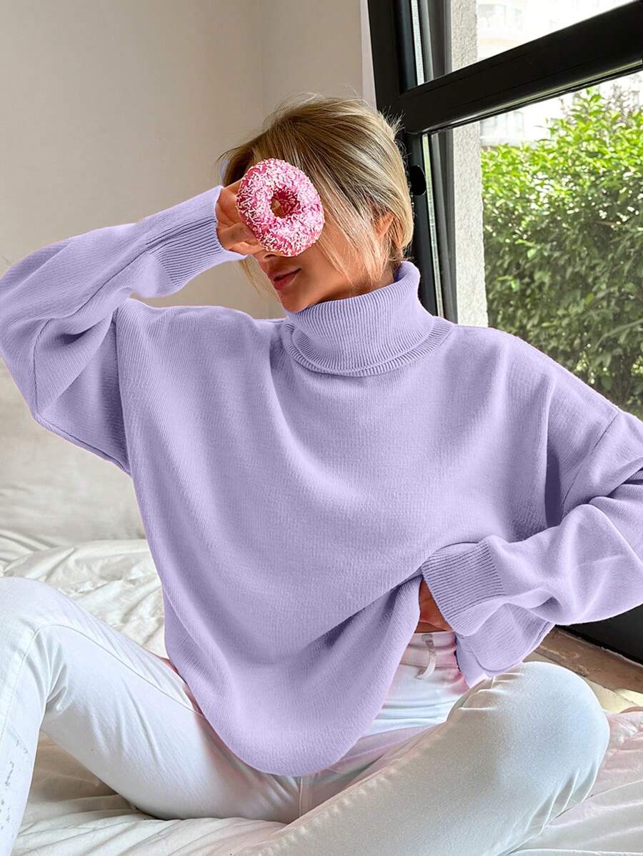 EURMUSE 女士休闲纯色高领宽松针织毛衣,秋冬 - 紫丁香色 - 查看 1
