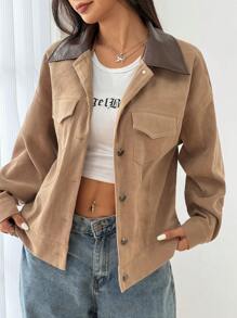 Flirla Áo khoác nữ Colorblock vai trễ vai dài tay cổ PU, mùa xuân thu - Màu Khaki - Xem 3