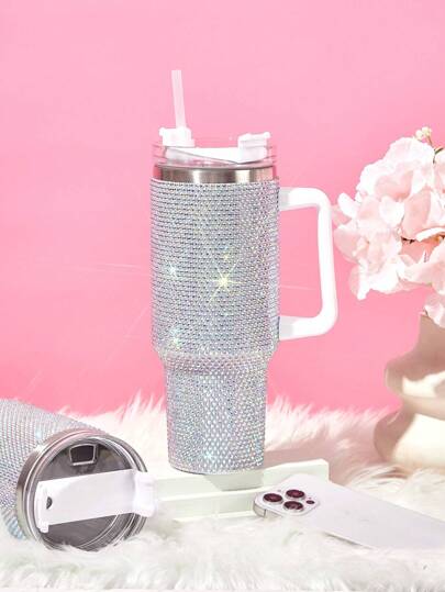 Botella de agua de acero inoxidable de 40 oz, taza y vaso de gran capacidad con asa, decorados con cristales y pajilla, botella de agua aislada al vacío para la escuela, el hogar, la oficina o el automóvil, taza reutilizable con tapa a prueba de fugas y pajilla, regalo navideño ideal