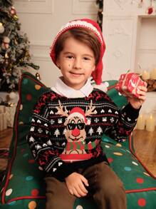 SHEIN 少年用カートゥーン ストリート調 クリスマスジャカード柄 ニットセーター。旅行や秋冬に最適な、温かく快適な一着。クリスマスシーズンに特にぴったりで、ほっと温かい雰囲気を演出できます。 - ブラック - チェックする 3