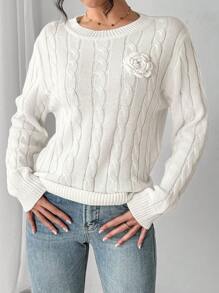SHEIN LUNE Pull femme à col rond, épaules tombantes, manches longues, avec application florale. Automne et hiver, tricot pull - Blanc - Voir 1