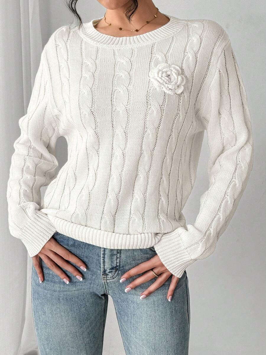 SHEIN LUNE Pull femme à col rond, épaules tombantes, manches longues, avec application florale. Automne et hiver, tricot pull - Blanc - Voir 1