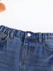 Cozy Pixies Young Boys Casual Retro Distressed Basic Cat Whiskers Washed Loose Fit Blue Denim Tapered Pants,Casual Suitable For Young Boys Fall/Winter Clothes