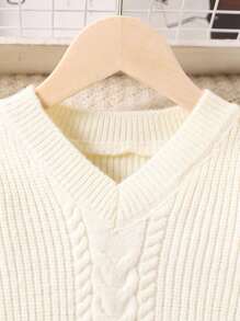 SHEIN Girls Casual  Tassel Knitted V-Neck Loose Solid Color Long Sleeve Sweater Dress, Suitable For Daily Wear And  Moments