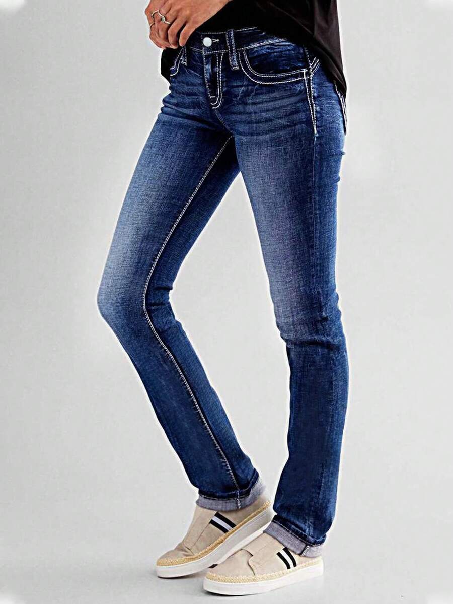 Quần Jeans Skinny Thêu Túi Giặt Phong Cách Retro Cổ Điển Của Mỹ Dành Cho Nữ - Màu xanh lam - Xem 1