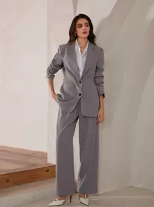 SHEIN Privé 不对称下摆西装套装，优雅的商务休闲教师工作服，秋季 - 淺灰色 - 查看 4