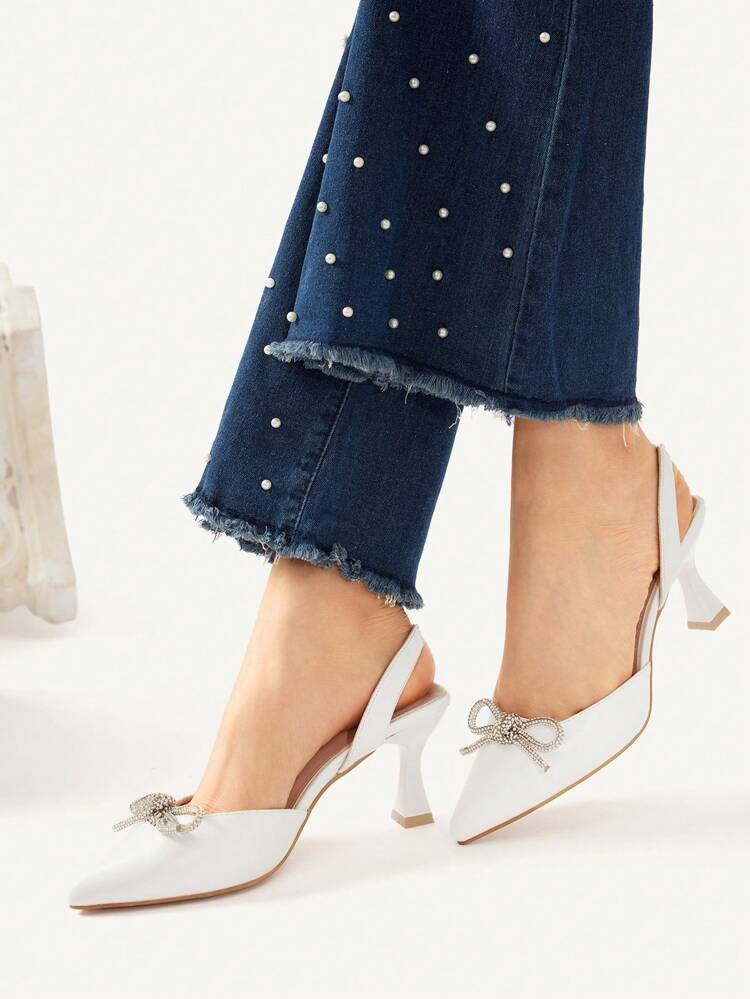 CUCCOO CHICEST Pointed Toe High Heel Pumps With Rhinestone Bowknot And Ankle Strap, Fashion Women Shoes For Commute, Date, Party, Wedding, Holiday Summer Shoes Summer Break Easter Prom Heels For Christmas Elegant Shoes Wedding Shoes Summer Shoes Bride Shoes