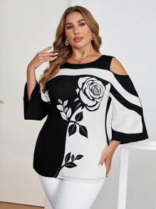 SHEIN Clasi Große Größen Sommer T-Shirt mit Kontrasten Farben und perforierter Schulter mit Aufdruck