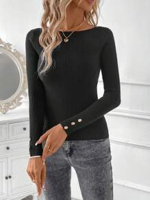 SHEIN Clasi Svart damtröja med rund hals och långärmad design, höst/vinter - Svart - Visa 3