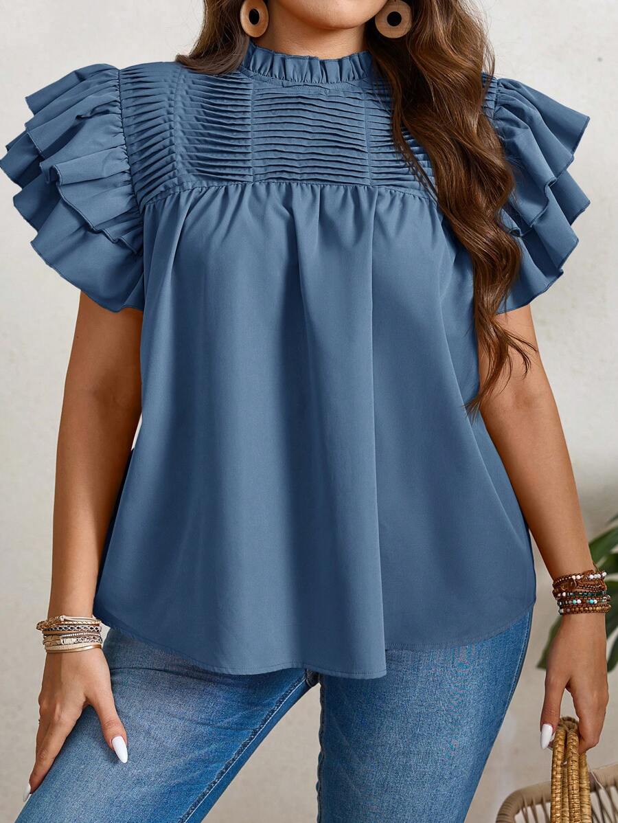 SHEIN LUNE 加大码双层短袖简约褶裥休闲上衣，适合派对、节日穿着，亮片点缀 - 藍色 - 查看 1
