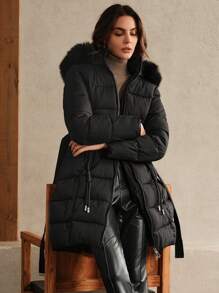 Anewsta Áo khoác đệm đơn sắc có khóa kéo phía trước bằng vải chắp vá mềm mại - màu đen - Xem 3