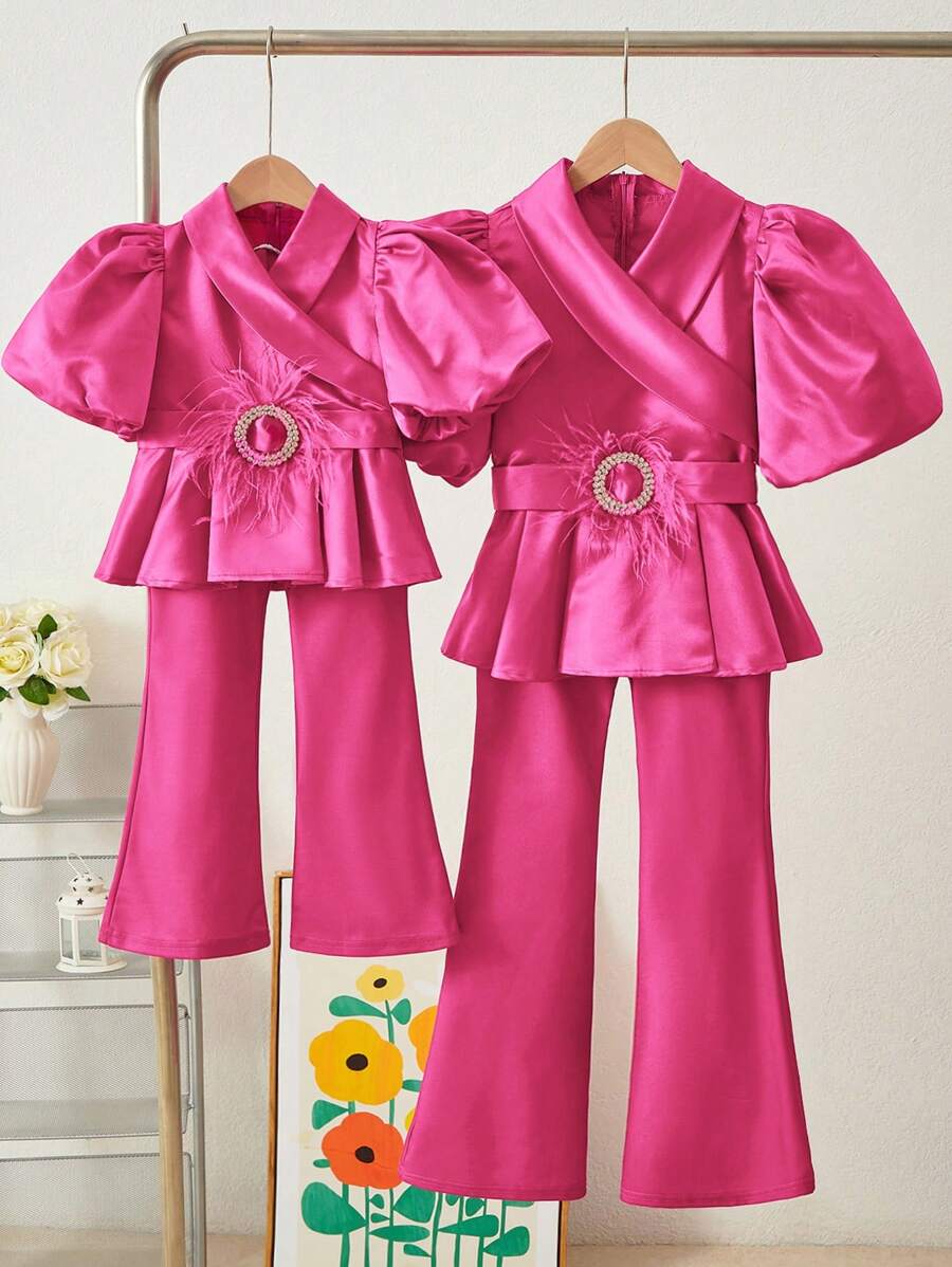 SHEIN Tween Girl 2-Piece Set: Solid Color Puff Sleeve Blouse And Flared Trousers