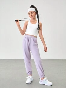 SHEIN 宽松紫色反光条纹舒适透气速干女童运动裤，休闲校园街头时尚户外运动长裤 - 紫色 - 查看 3