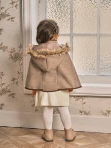 SHEIN Áo khoác len dệt kim trùm đầu hai hàng khuy thanh lịch cho bé gái, mùa thu đông - Màu Khaki - Xem 2