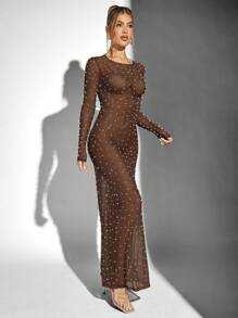 Hauture Sheer Maxi Party Dress With Pearl Embellishments