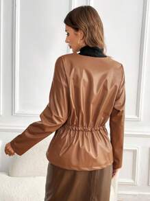 SHEIN Clasi Veste en PU marron rétro, chaude, avec col rond, épaule tombante, taille cintrée, coupe slim, poche poitrine et boutons décoratifs, pour femmes, pour l'automne/hiver - Tabac - Voir 5