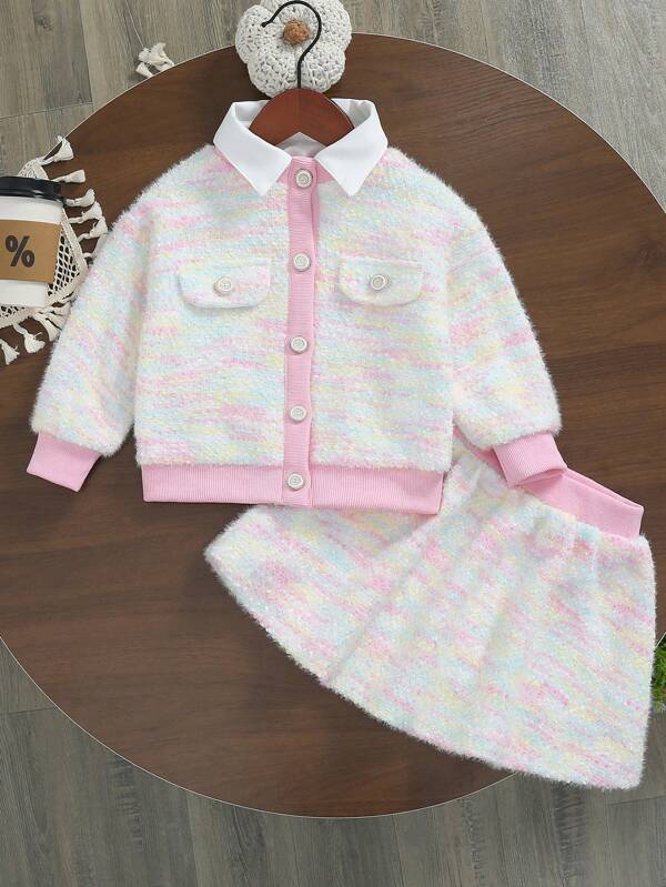 Conjunto de 2 peças de jaqueta e saia estampada para bebês meninas outono/inverno, de malha, gola dupla, de manga comprida, com botões