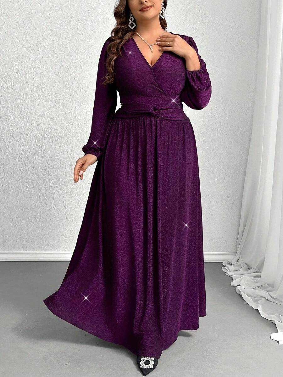 SHEIN Privé Vestido morado de manga larga fluido y holgado con giro romántico, elástico y metálico elegante y de lujo para fiestas y eventos de talla grande para mujer - Morado - Ver 1