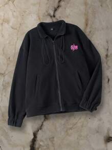 Manfinity EMRG Men's Casual Loose Fit Letter Print Drop Shoulder Long Sleeve Jacket, Spring Autumn - Black - View 1