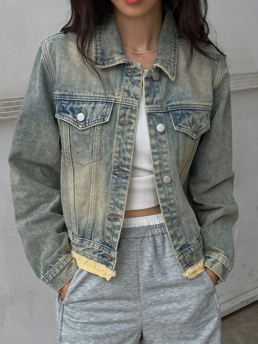 DAZY 女式春秋休闲拼接下摆牛仔夹克