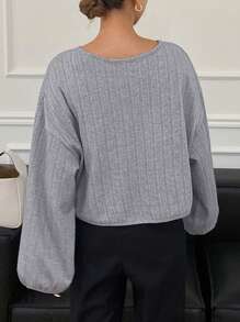 DAZY Strukturiertes, lässiges Rundhals-T-Shirt für Frauen, Langarm Damen Tops - Grau - Übersicht 2