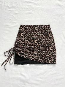 Soleia 女士时尚豹纹沙滩裙，配有侧抽绳和褶皱，撞色黑色迷你裙 - 彩色 - 查看 2