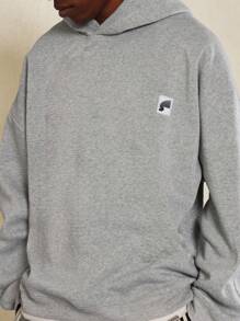 SUMWON 休闲超大优质套头连帽运动衫，带小徽标徽章，宽松家居服，运动服 - 灰色 - 查看 3