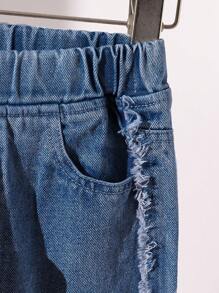 SHEIN Playful Pals 3pcs Young Girl Denim Jumper Blouse And Fringe Hem Pants Set - Medium Wash - View 6