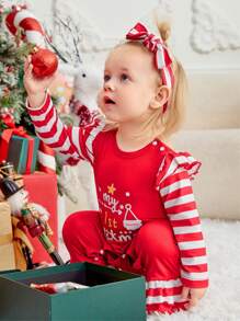 Baby Christmas & Striped Print Ruffle Trim Jumpsuit & Headband - Red - View 3