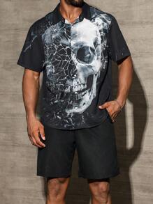 Manfinity Roughcore Men Skull Print Shirt And Solid Color Shorts Set - Black - View 5