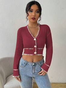 Chiquease Women's Colorblock Cropped Long Sleeve Elegant Cardigan Sweater, Autumn/Winter - Burgundy - View 4