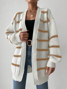 SHEIN Women's Casual Loose Contrast Stripe Open Cardigan, Autumn
