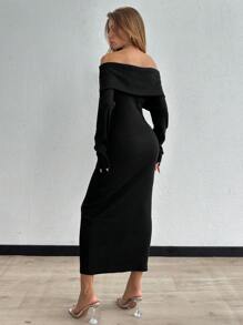 EURMUSE Foldover Off Shoulder Sweater Dress - Black - View 2