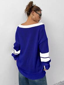 StreetHx Suéter de punto con escote en V y calado, estilo colegial para mujer