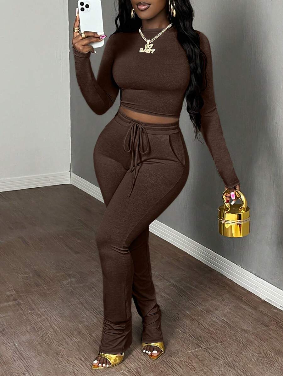 Slaydiva 2pcs Women Casual Basic Long Sleeve Crew Neck Crop Top And Drawstring Waist Skinny Sweatpants Set, Fall & Winter