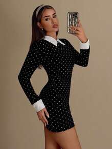 SHEIN ICON 女式修身黑白波尔卡圆点撞色领口“星期三”迷你连衣裙