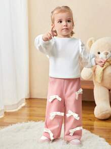 SHEIN Baby Girl Cute Pink Bow Elastic Waist Pants, Autumn/Winter