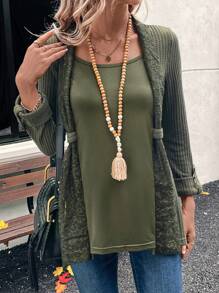 EMERY ROSE 女式撞色蕾丝长袖前扣休闲衬衫 - 綠色 - 查看 3