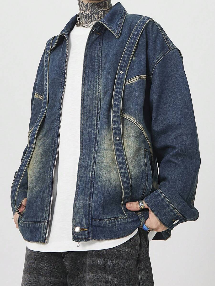 Manfinity EMRG 男士长袖翻领简约牛仔夹克，休闲日常穿着 - 藍色 - 查看 1